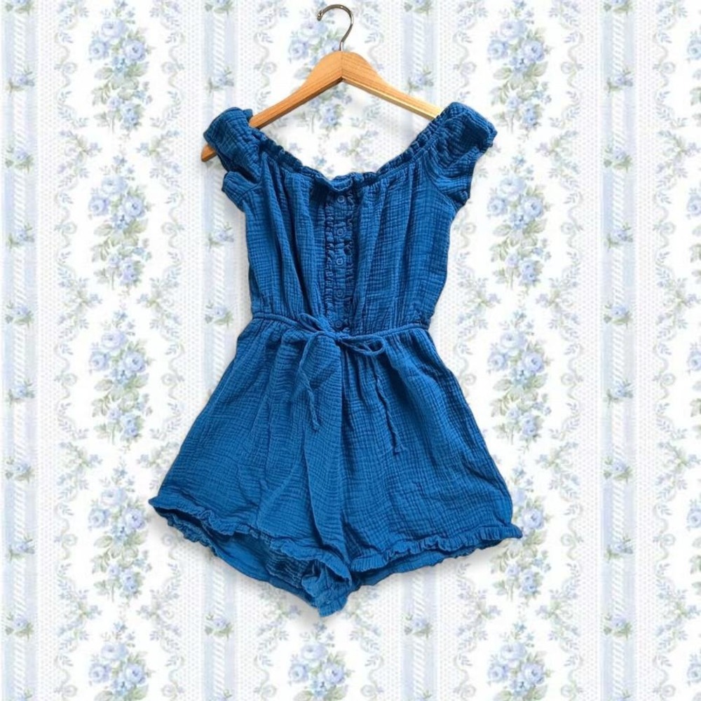 BP Women's Small Royal Blue linen romper with button-up front and tie waist